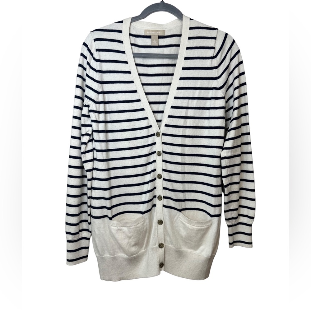 Banana Republic Navy/White striped button up cardigan. Size Large